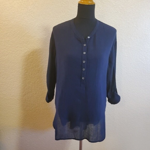 Three Dots Henley Semi Sheer Gauze Tunic Top M Navy Blue New - Picture 2 of 16